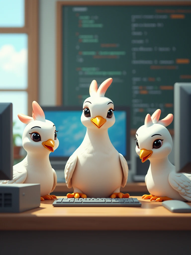 five doves as web developers, one has a big chest and skiny body, one has nice beard, fat body, and friendly face, one has a numb face, one has a fat body no beard and act as the other's leader, and the last is a rich girl