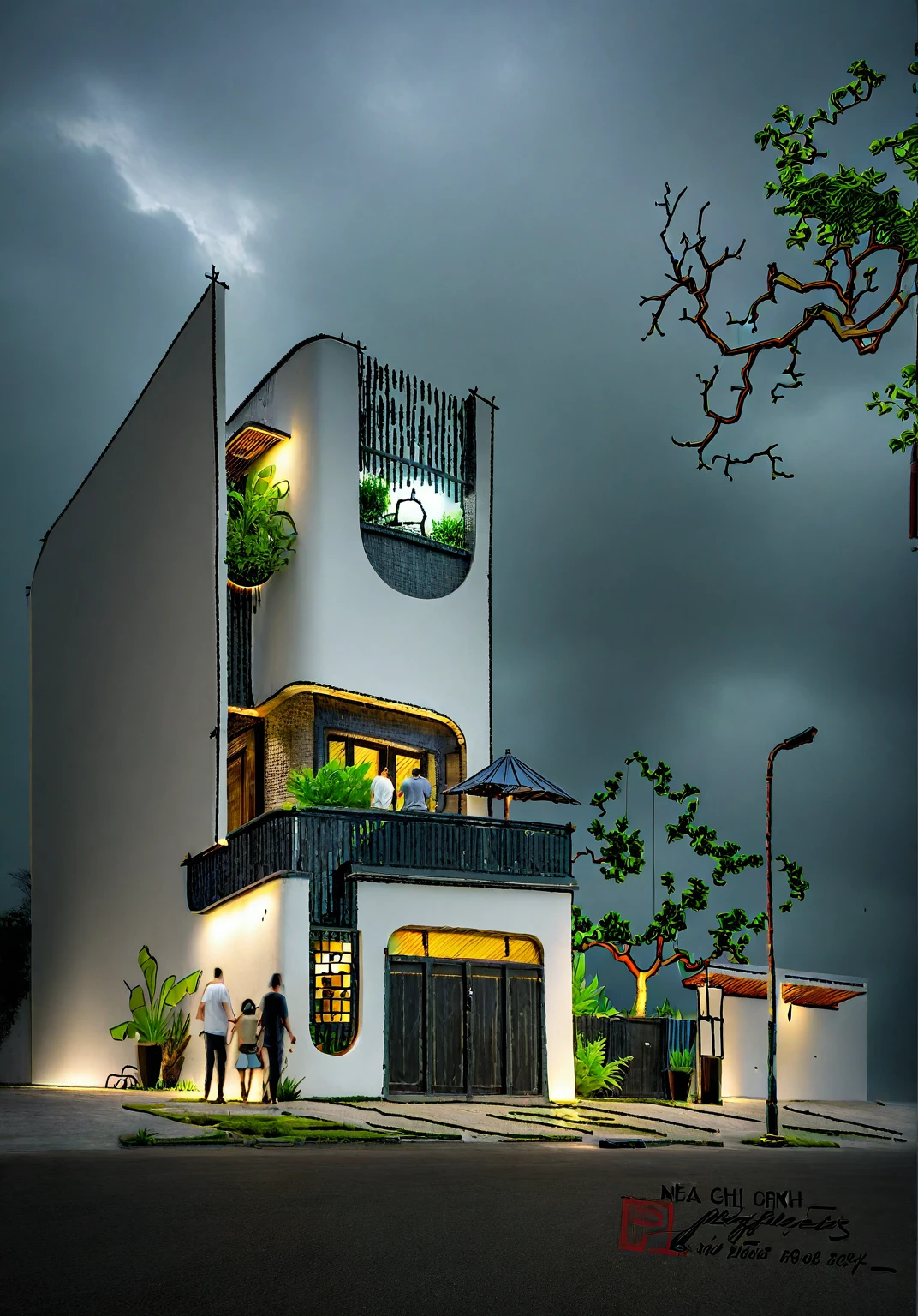 RAW photo, a photo of a modern house, Wabisabi style  white wall, steel dark gate, sidewalk, sidewalk trees, ((grey gate:1.2)), road, viet nam modern residence, ((architectural shot)), rough white wall, new residential area, wide angle exterior 2022, contemporary house, exterior photography, masterpiece, contemporary architecture, overcast, indirect lighting