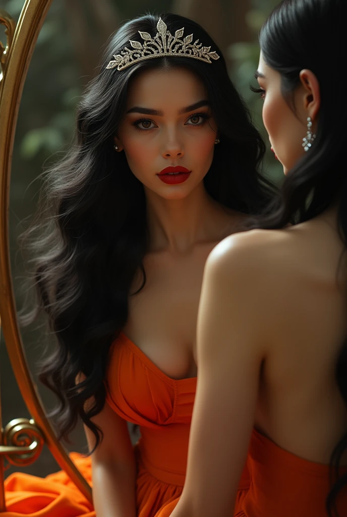 A woman with long black hair, sharp eyes, and red lips. Wearing a tiara and an orange dress. Sitting staring at the mirror.