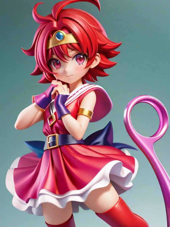 Magical giel、Primary school students、Young girl、、height: 130cm、Short Hair、Shortcuts、boyish、Circlet、tiara、Character portrait、spats、ホットpants、pants、Magical Girl Costume、Red clothes、Red Hair、Red eyes、Magic wand、Fighting gloves on hands