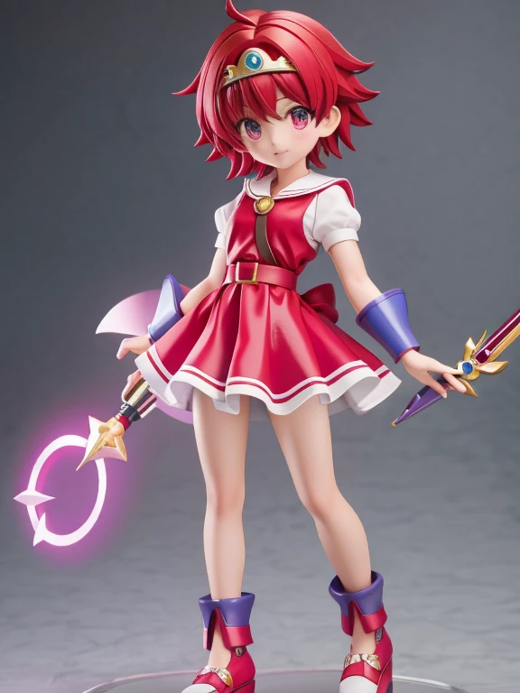 Magical giel、、Young girl、、height: 130cm、Short Hair、Shortcuts、boyish、Circlet、tiara、Character portrait、spats、ホットpants、pants、Magical Girl Costume、Red clothes、Red Hair、Red eyes、Magic wand、Fighting gloves on hands
