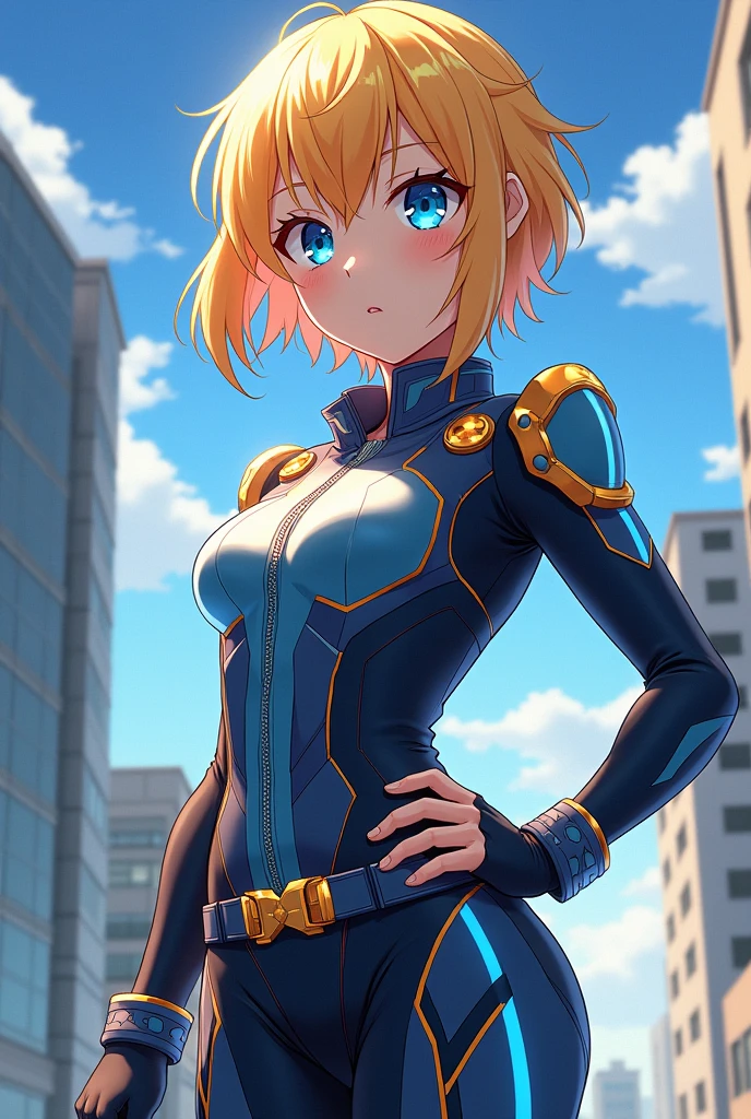 Brave young blonde amine in light-absorbing and light-reflecting outfits