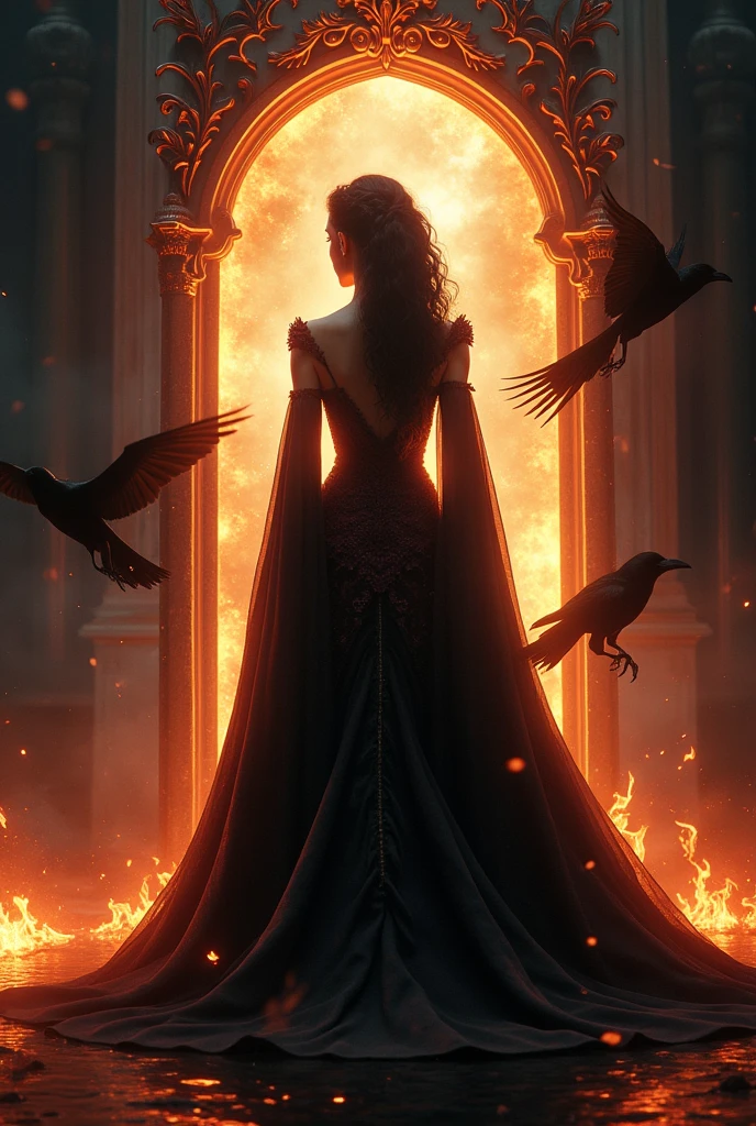 fantasy book cover, elegant silhouette of young queen, dramatic fire elements, dark fantasy, detailed dragon scales, mystical ravens, ornate mirror, magical atmosphere, dark and moody lighting, dramatic high contrast, cinematic composition, digital art, concept art, fantastical, (best quality, 4k, 8k, high resolution, masterpiece: 1.2), ultra detailed, (realistic, photorealistic, photorealistic: 1.37), vibrant colors, dramatic lighting