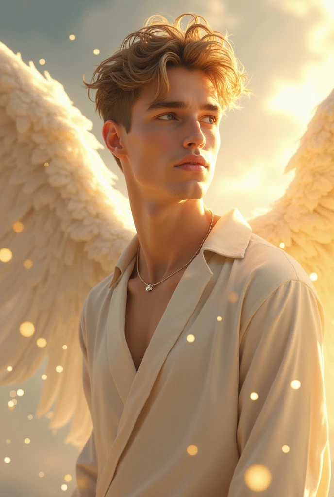 30th Generation、Beautiful Caucasian Man、Mysterious and sexy face、looking at the camera、Upper body image、Beautiful angel wings、Upper body naked、No beard、Slightly longer blonde hair、Rainbow on background、Smiling a little、White skin、A soothing face