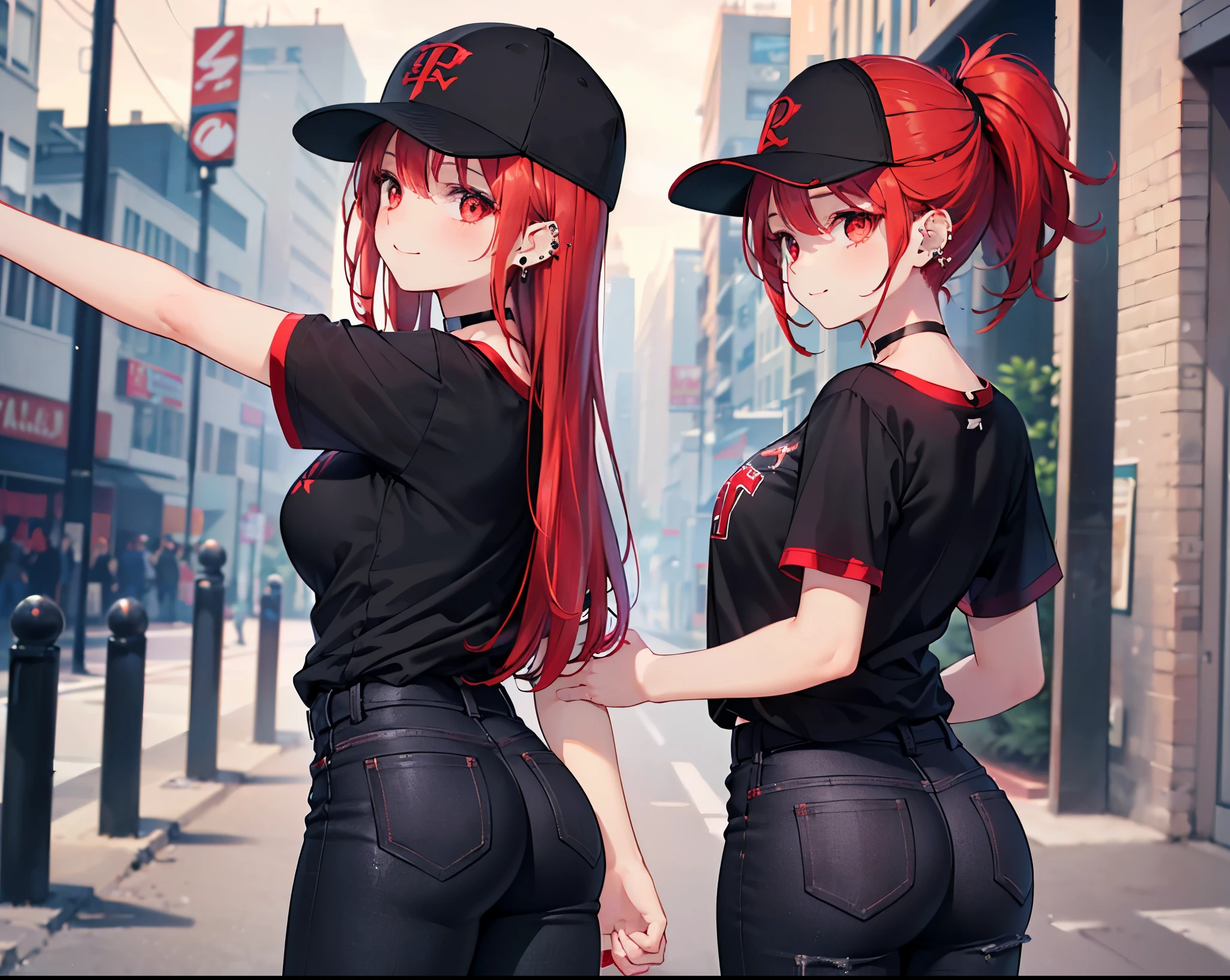(Close-up:1.3),Realistic,Highest quality, Ultra Detail, High-quality CG rendering, The most delicate and beautiful, Floating softly, High resolution, (1 girl), (Highest quality,4K,8k,masterpiece:1.2),(All red hair:1.5), (semi-long:1.5),(Red eyes:1.5),(Slightly larger breasts:1.2), (Oversized black short sleeve t-shirt:1.5),(Black skinny jeans:1.5),(Black baseball cap:1.5),In the city,old buildings,Narrow back alley,smile,(Piercing in left ear:1.3),(Pitch black choker:1.5),(Turn your back to your audience:1.3),Butt