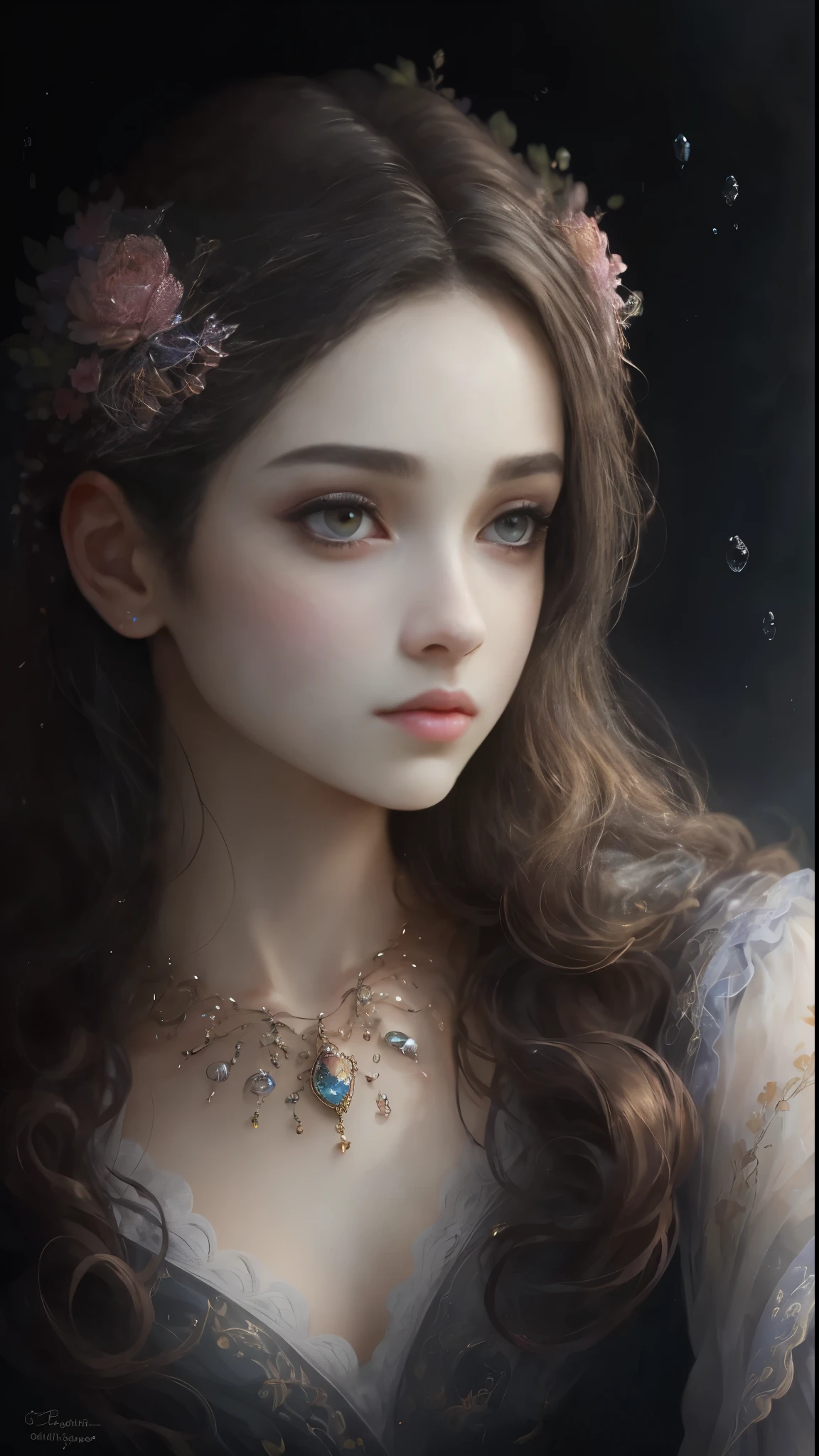 (Best quality, 4K, 8K, A high resolution, Masterpiece:1.2), Ultra-detailed, Realistic portrait, Beautifully detailed eyes, beautiful detailed lips, Detailed expression, Graceful posture, subtly lit, Dreamy atmosphere, Dark-toned background, expressive brush strokes, mystical ambiance, Artistic interpretation, Stunning Studio Ghibli style costumes, a whimsical illustration, Subtle colors and tones, mystical aura,