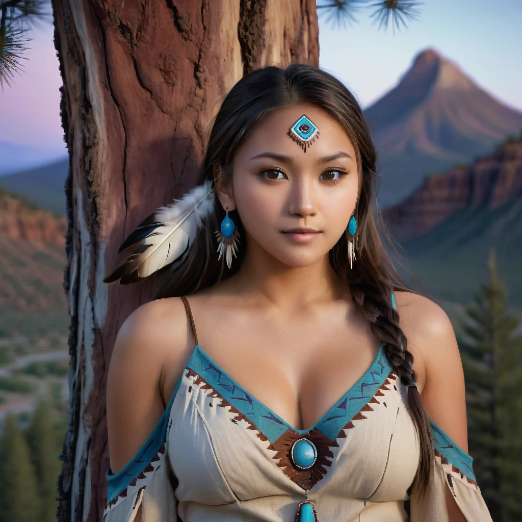 (grainy:0.5), cinematic, beautiful girls 25 year old native american,fantasy,(solo:1.3), detailed brown eyes, detailed face, detailed native american sexy clothing, volumetric lighting, dusk, extremely detailed background, standing next to tree and mountain, smiling, half closed brown eyes, tilted head, from side, sitting next to her Northern Cardina
