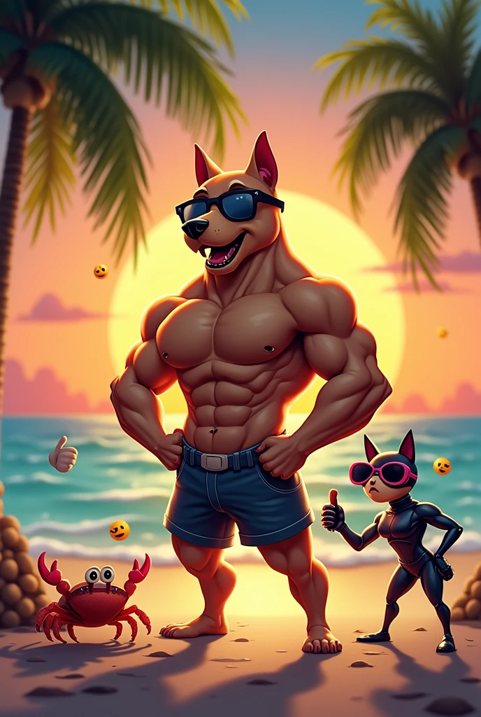 Create an epic and hilarious meme with a muscular anthropomorphic dog (muscular dog) with an exaggerated bodybuilder physique, flexing his muscles and wearing comically small sunglasses. He stands confidently on a tropical beach, Striking a heroic pose. Beside him, position a surprised and slightly envious influencer in the Catwoman style, her eyes wide and jaw dropped, wearing a cat ears headband and holding a selfie stick with a phone displaying "0 followers." The background should show a vibrant sunset over the ocean, with palm trees bending impossibly to frame the characters. Add floating emojis (💪😺🏖️) around them for a social media sensation. Em primeiro plano, put a little crab wearing big sunglasses, giving a thumbs up to muscular dog. Stylize your scene with a mix of hyper-realistic rendering and comic book art, with bold contours and exaggerated features. Use a wide angle lens (24mm) to capture the entire scene, emphasizing the characters&#39; expressions and the comic contrast between them. Apply a slight tilt-shift effect to focus on characters, keeping the background slightly blurred. Enhance lighting to create a golden hour glow, highlighting muscular dog's muscles and Catwoman's shiny costume. The caption should be read: "When Your Gym Routine Finally Pays Off... but their social media game is still catching up! 😂💪📱" Add a call to action: "Drop a 💪 if you're team muscular dog or a 😺 if you're team Catwoman! Who&#39;s winning the summer??"       