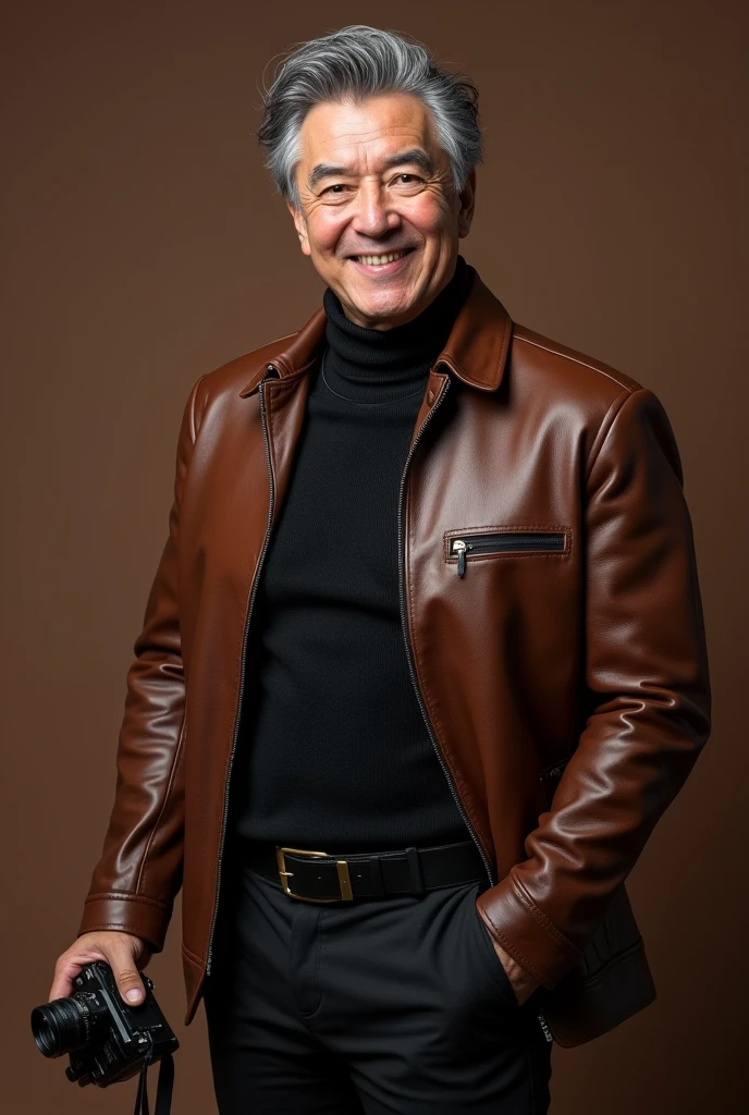 His red eyes, grey hair with two block hair cut with curtain bangs wearing leather brown jacket and black tight fit pants smiling with camera in his hand. He has dimple. 5k rich man aura. Hd