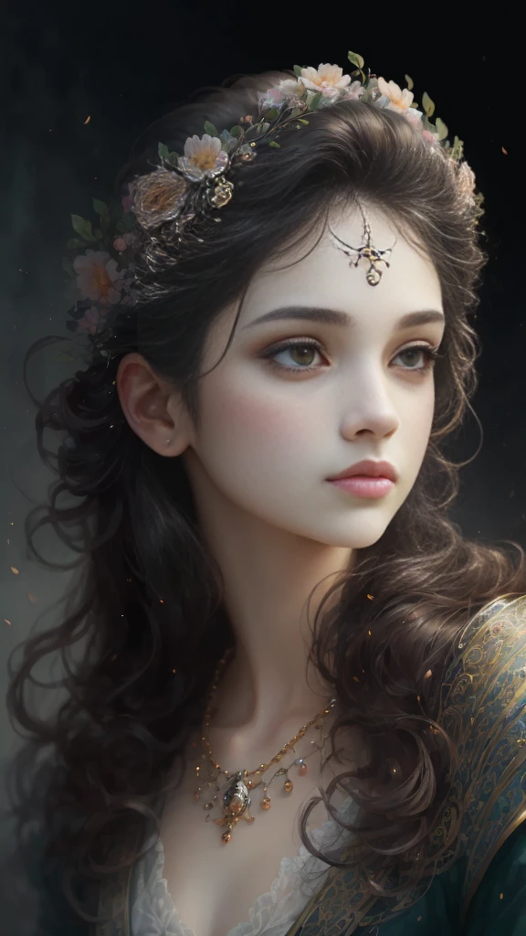 (Best quality, 4K, 8K, A high resolution, Masterpiece:1.2), Ultra-detailed, Realistic portrait, Beautifully detailed eyes, beautiful detailed lips, Detailed expression, Graceful posture, subtly lit, Dreamy atmosphere, Dark-toned background, expressive brush strokes, mystical ambiance, Artistic interpretation, Stunning Studio Ghibli style costumes, a whimsical illustration, Subtle colors and tones, mystical aura,