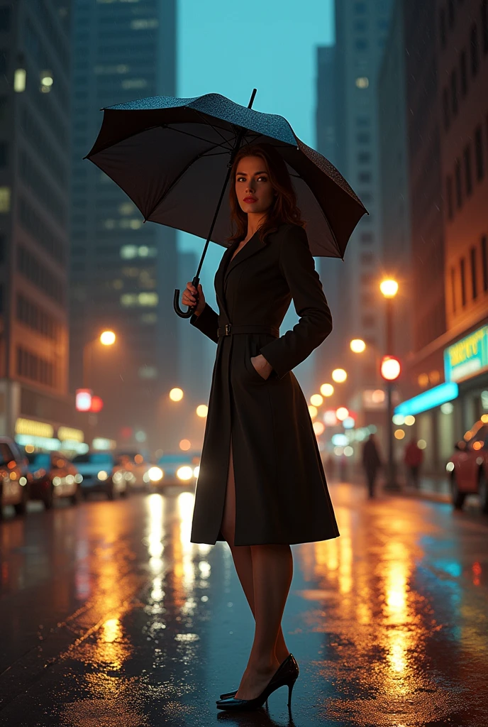 Portrait of a professional woman in the 1970s, Rainy Night,Holding an umbrella,New York Office Building,full-body shot,High heel,Street light,Extremely detailed face, Low light, Perfect lighting, Nostalgia, ISO100, cinestill 800T, polarizing filter, Bright and bold colors, High-quality photos, Still frame from a movie
