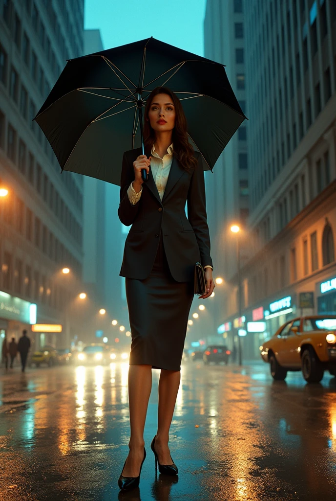 Portrait of a professional woman in the 1970s, Rainy Night,Holding an umbrella,New York Office Building,full-body shot,High heel,Street light,Extremely detailed face, Low light, Perfect lighting, Nostalgia, ISO100, cinestill 800T, polarizing filter, Bright and bold colors, High-quality photos, Still frame from a movie