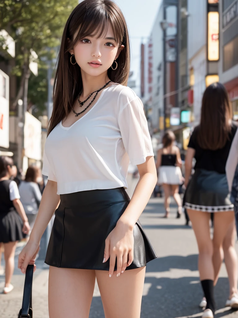 Product quality,1 girl,Cowboy Shot,Front view,Young and sexy Japanese girls,20-year-old,In town(Crowded street:1.4),Fashionable white shirt,wear,Fashionable bags,Fashionable necklaces,Fashionable earrings,((Black Very Short Micro Mini Skirt:1.5)),wear,Strong winds,Skirt flip,String Panties,Super cute face,Glossy Lips,Double eyelids on both eyes,(Natural Makeup),Sticking out tongue,Strong wind from the front,shiny smooth light brown hair with long hair,,Asymmetrical bangs,Center image,8k resolution,Attention to detail,Detailed hairstyle,Detailed face,Cinema Lighting,Octane Rendering,Ultra-realistic,Perfect limbs,(Detailed fingers:1.5),Beautiful feet,Voluptuous thighs,Huge breasts,Perfect Anatomy,She is standing,(Model pose:1.3)