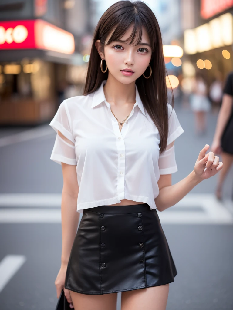 Product quality,1 girl,Cowboy Shot,Front view,Young and sexy Japanese girls,20-year-old,In town(Crowded street:1.4),Fashionable white shirt,wear,Fashionable bags,Fashionable necklaces,Fashionable earrings,((Black Very Short Micro Mini Skirt:1.5)),wear,Strong winds,Skirt flip,String Panties,Super cute face,Glossy Lips,Double eyelids on both eyes,(Natural Makeup),Sticking out tongue,Strong wind from the front,shiny smooth light brown hair with long hair,,Asymmetrical bangs,Center image,8k resolution,Attention to detail,Detailed hairstyle,Detailed face,Cinema Lighting,Octane Rendering,Ultra-realistic,Perfect limbs,(Detailed fingers:1.5),Beautiful feet,Voluptuous thighs,Huge breasts,Perfect Anatomy,She is standing,(Model pose:1.3)