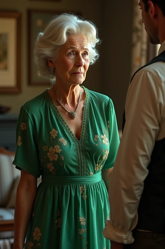Grandma in green dress looking lustfully at man