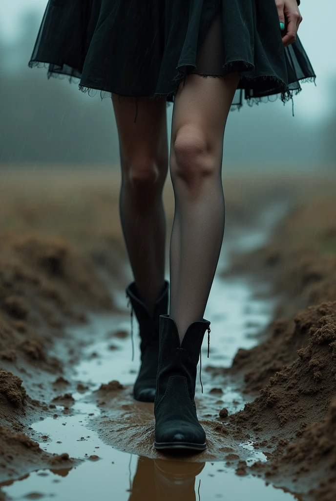A woman walks through mud in black suede boots and stockings