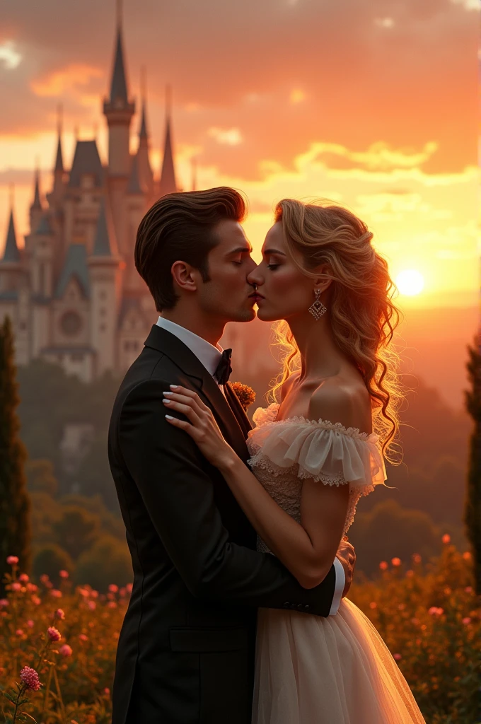 A beautiful young model kisses a rich handsome model at sunset and a palace appears on the horizon