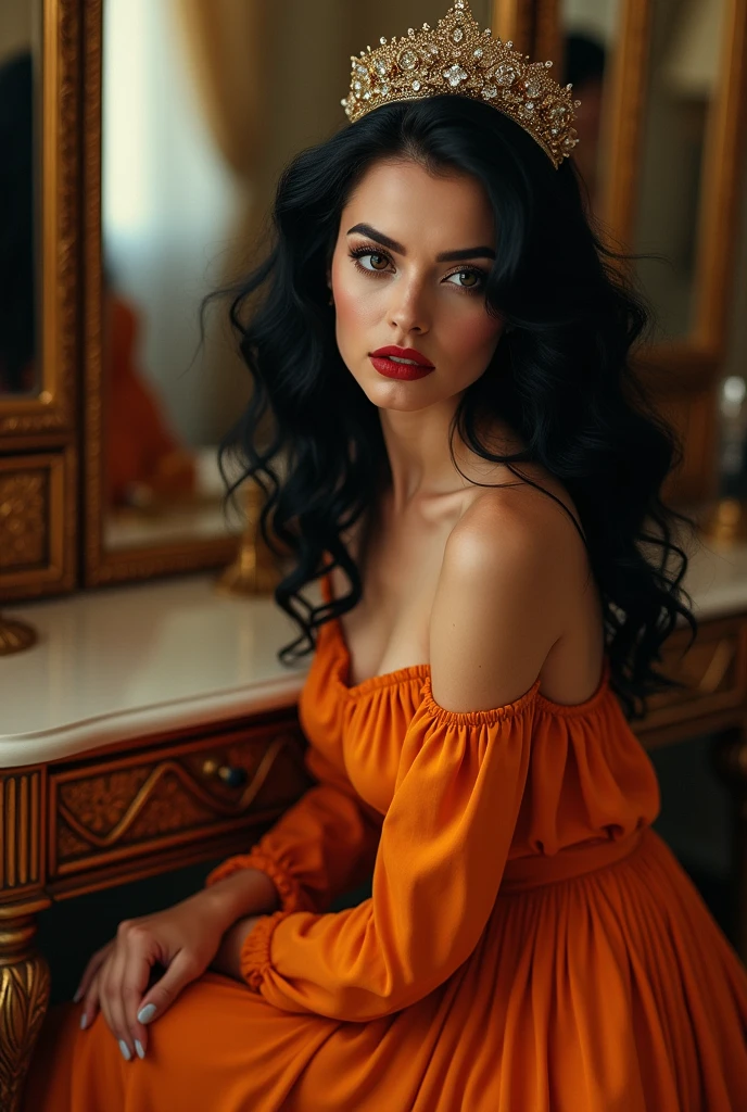 A woman with long black hair, sharp eyes, and red lips. Wearing a tiara and an orange dress. Sitting staring at the mirror.