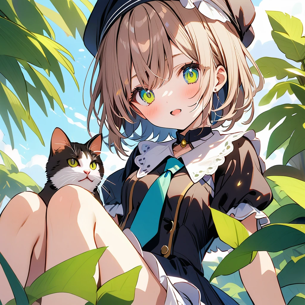 A nun with different eye colors, a green right eye and a yellow left eye, and a cat, summer background,
