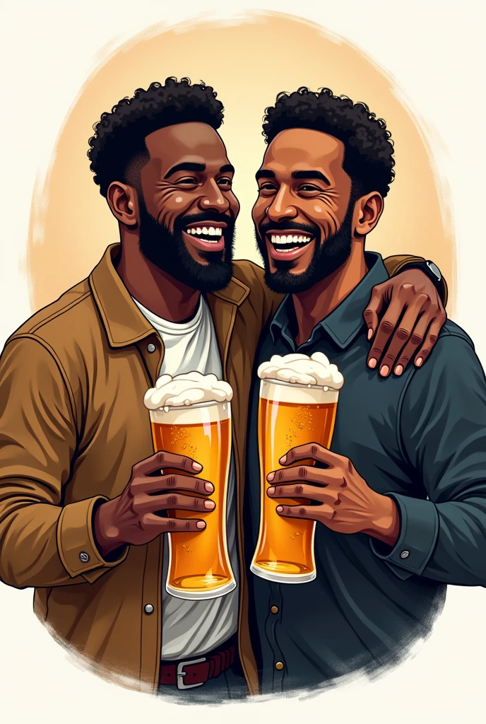 A business logo with the 2 black-skinned owners hugging each other with a glass of beer in their hands and the business name two black