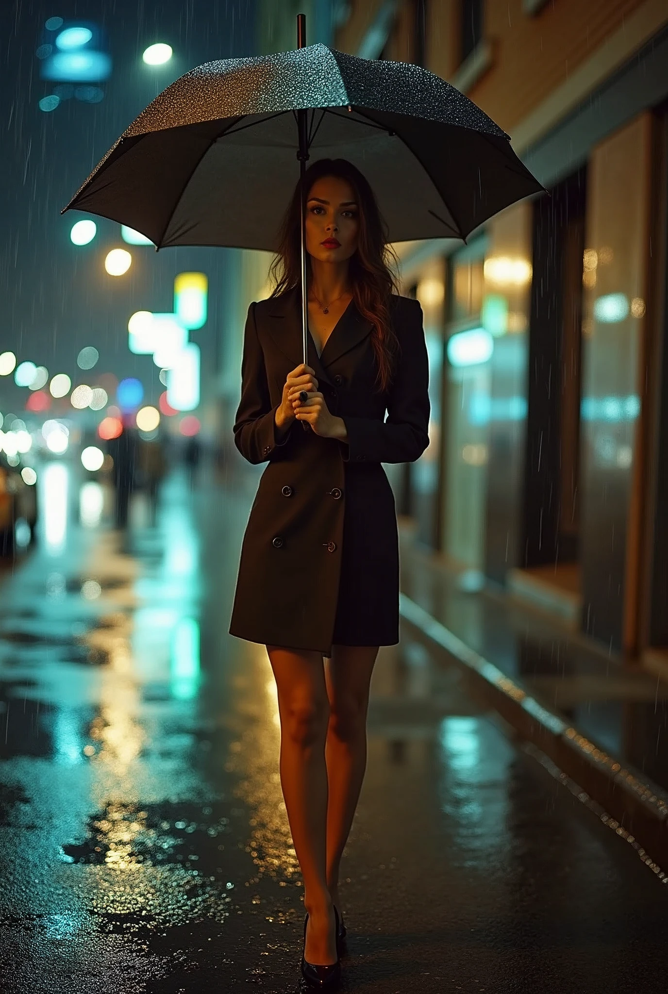 Portrait of a professional woman in the 1970s, Rainy Night，Holding an umbrella，New York Office Building，full-body shot，High heel，Street light，Extremely detailed face, Low light, Perfect lighting, Nostalgia, ISO100, cinestill 800T, polarizing filter, Bright and bold colors, High-quality photos, Still frame from a movie