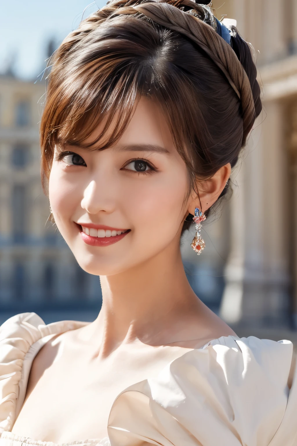 One Girl, (Becoming Marie Antoinette:1.3), (Beautiful Japanese idol portrait photos), 
(RAW Photos, Highest quality), (Realistic, Realistic:1.4), masterpiece, 8K Portrait, 
Very delicate and beautiful, Very detailed, 2k wallpaper, wonderful, In detail, Very detailed CG unity 8k wallpaper, Very detailedな, High resolution, Soft Light, 
Beautiful detailed girl, Very detailed eyes and face, Beautiful and sophisticated nose, Beautiful details, 
(Commemorative photo with the Palace of Versailles in the background:1.3), Cinema Lighting, 
Perfect Anatomy, Slender body, Small breasts, Medium Hair, Dynamic Angle, A light smile,