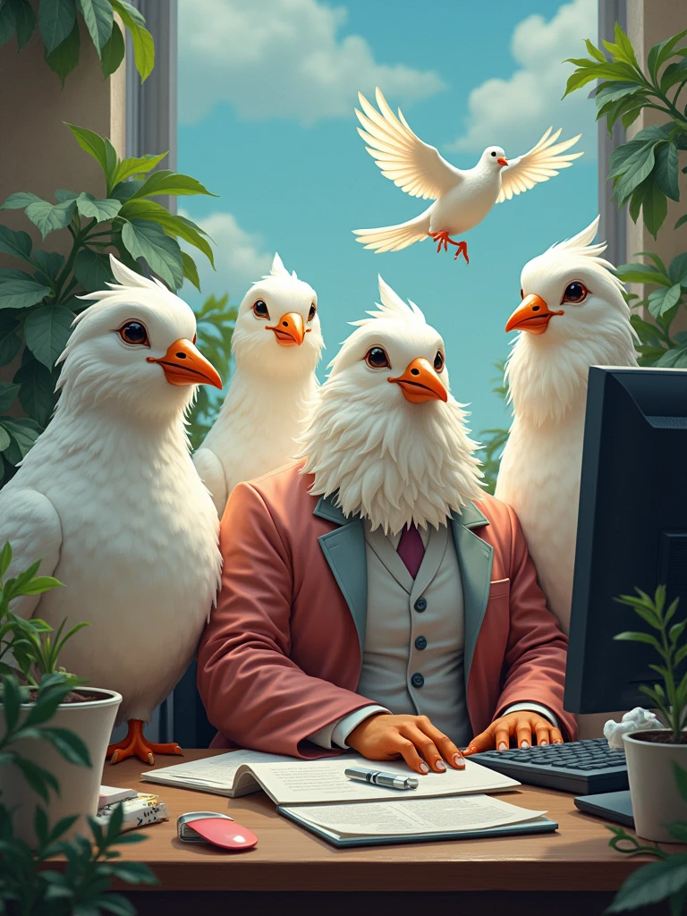 five doves as web developers, one has a big chest and skiny body, one has nice beard, fat body, and friendly face, one has a numb face, one has a fat body no beard and act as the other's leader, and the last is a rich girl