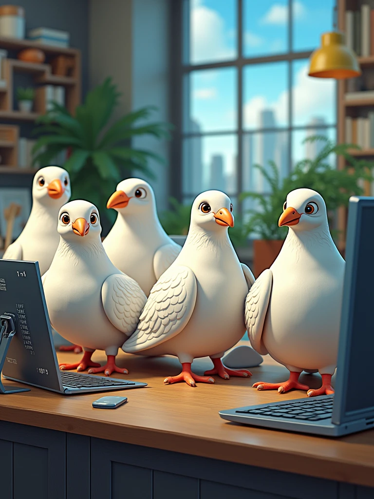 five doves as web developers, one has a big chest and skiny body, one has nice beard, fat body, and friendly face, one has a numb face, one has a fat body no beard and act as the other's leader, and the last is a rich girl