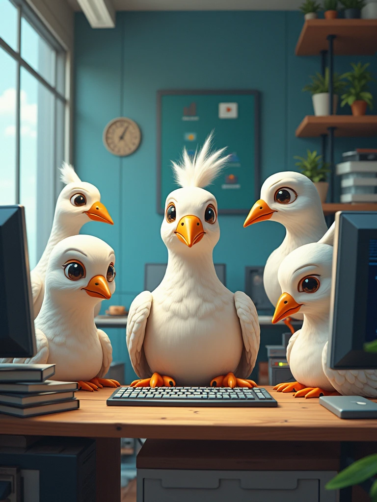 five doves as web developers, one has a big chest and skiny body, one has nice beard, fat body, and friendly face, one has a numb face, one has a fat body no beard and act as the other's leader, and the last is a rich girl