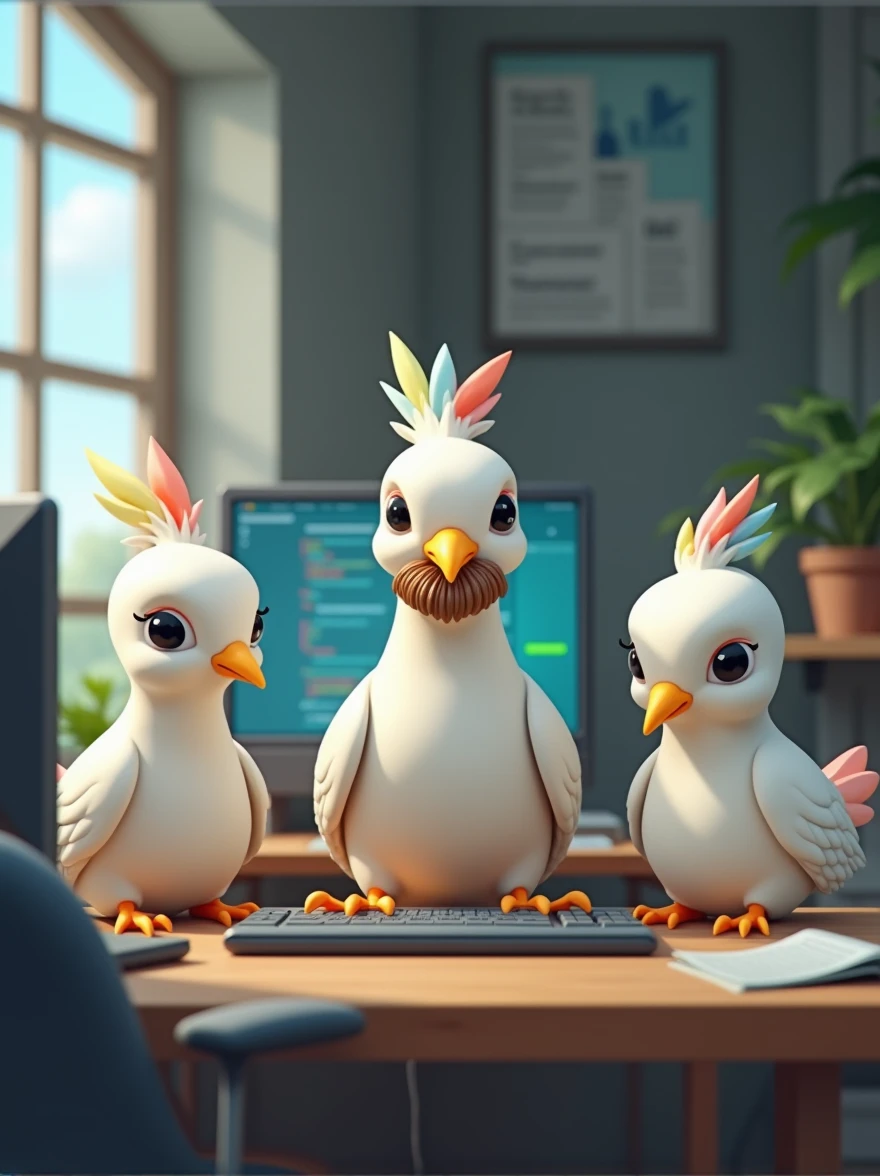 five doves as web developers, one has a big chest and skiny body, one has nice beard, fat body, and friendly face, one has a numb face, one has a fat body no beard and act as the other's leader, and the last is a rich girl