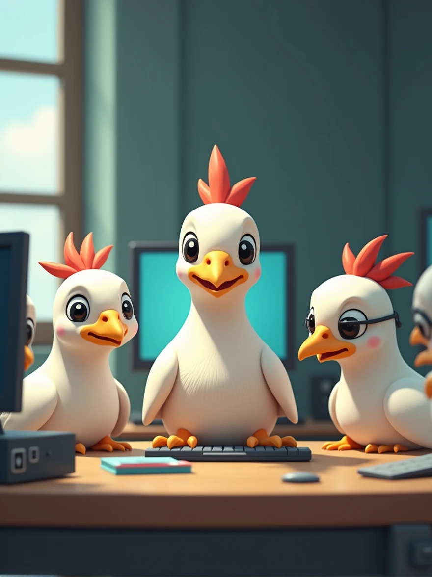 five doves as web developers, one has a big chest and skiny body, one has nice beard, fat body, and friendly face, one has a numb face, one has a fat body no beard and act as the other's leader, and the last is a rich girl