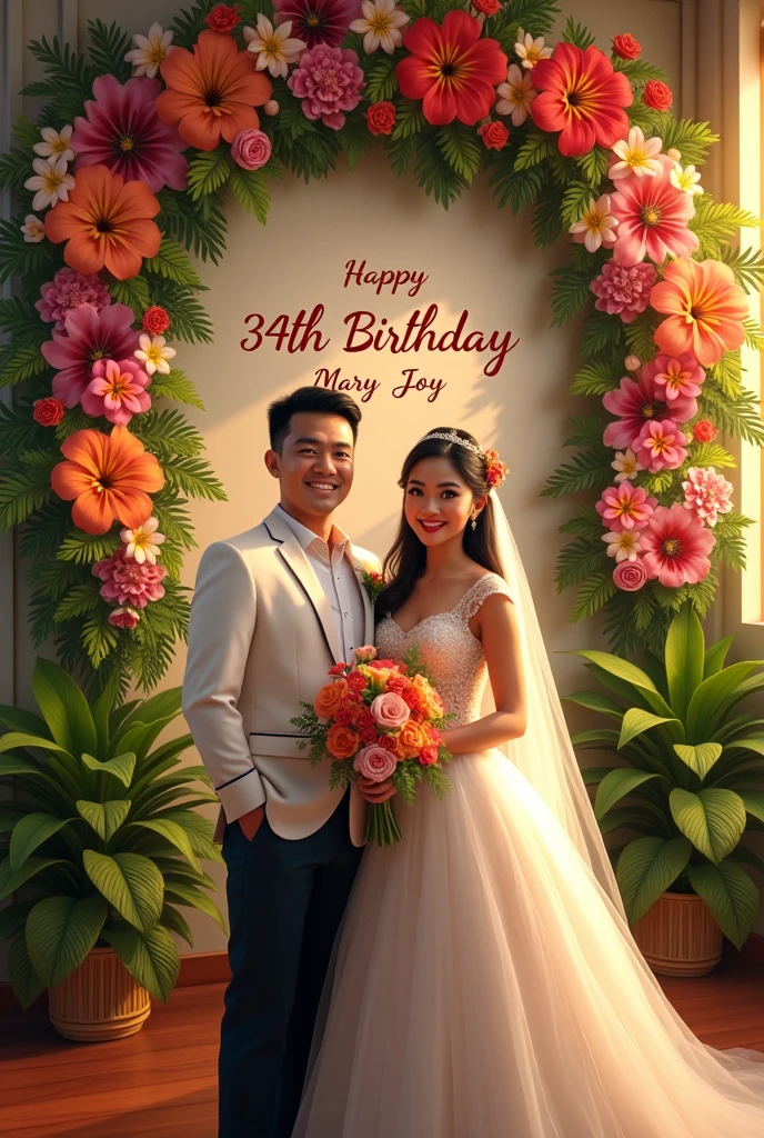 Real. Pinoy couple wedding with arounding flowers with name in wall "happy 34th birthday mary joy" 