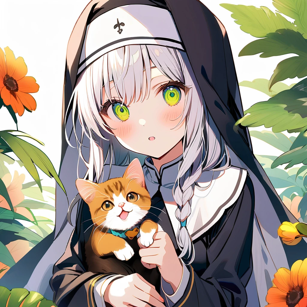 A nun with different eye colors, the right eye is green and the left eye is yellow, with long white hair and a cat, summer background,
