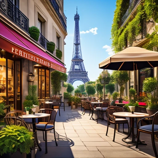 Paris cafe, Ultra-realistic, street, drinks on table, Chair, Potted plants、You can see the Eiffel Tower in the distance。High quality images、8k、