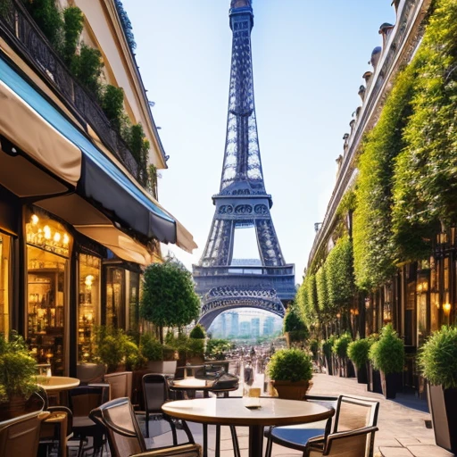 Paris cafe, Ultra-realistic, street, drinks on table, Chair, Potted plants、You can see the Eiffel Tower in the distance。High quality images、8k、