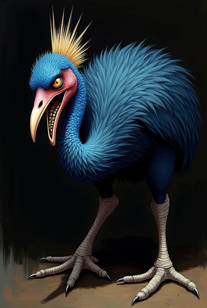 Make the cassowary bird look scary in drawing with emphasis on the details of its face and open beak to attack