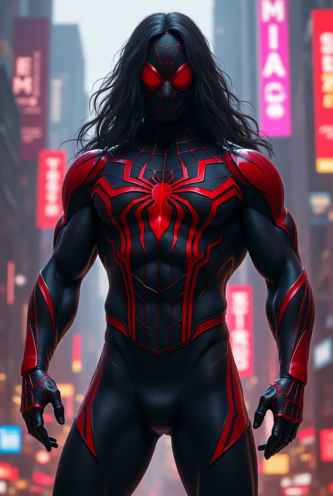 Male Spiderman with a black and red costume and long, black hair on the mask.