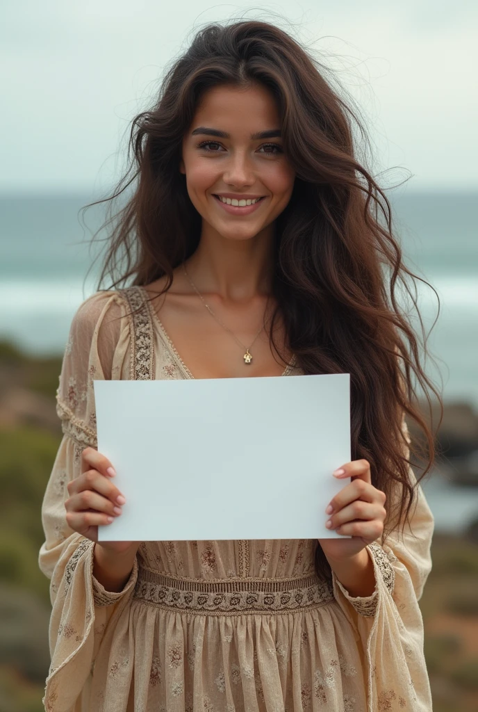 Beautiful girl with wavy long hair, bohemian dress, holding a white board with text "I Love Seaart Infinity" and showing it to the viewer