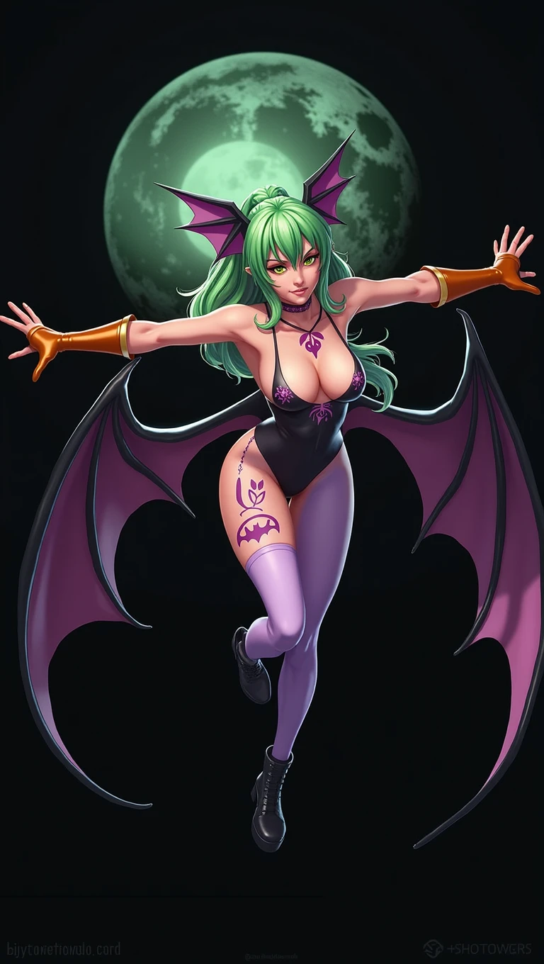 The female character Morrigan Aensland, She's a succubus, she has bright, light green hair, she has light green eyes, black bat wings with purple membranes on the back and two bat wings on the sides of the head, She wears a black swimsuit over light purple skintight pants with purple bat symbol silhouettes, It has a detail of white feathers coming out of the neckline and down to below the shoulders., shoulders showing, black ankle boots, luvas fingerless long gloves na cor laranja, imposing posture, in the background stone ruins, at night in moonlight and with warm lighting.