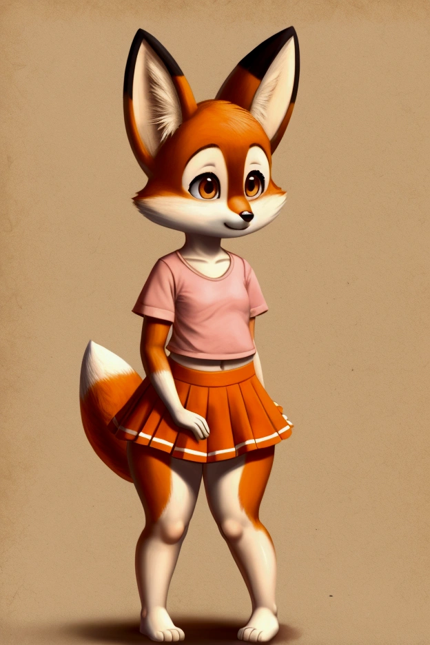 Little slim female vixen with nice big thighs and orange and white fur and cute brown eyes and is wearing a pink shirt and full body mini skirt and is .
