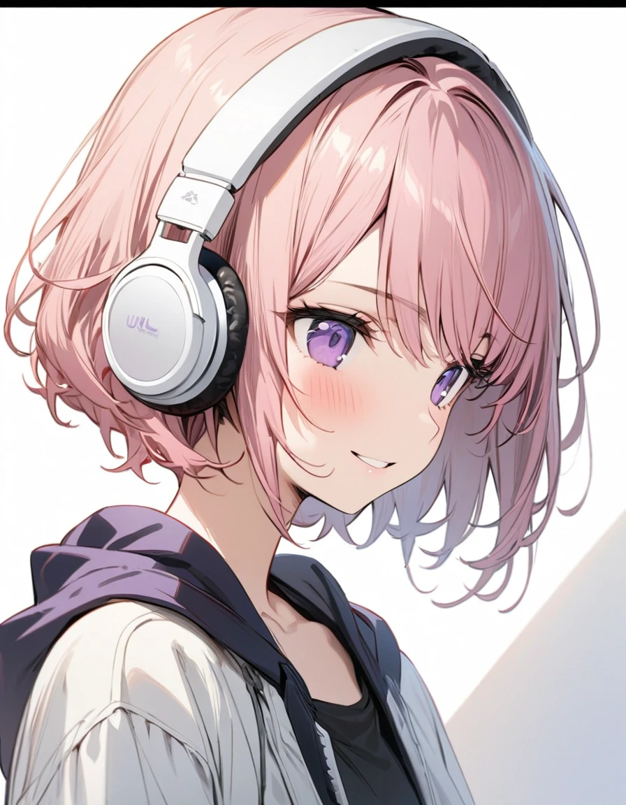 (one women, short pink hair and bob hair.、beautiful purple eyes、smile、gentle smile on her face、flat chest, one Beautiful girl,((masterpiece, illustration, best quality) ((ultra-detailed))/) solid white background,blank background, while wearing wireless white headphones, full upper body