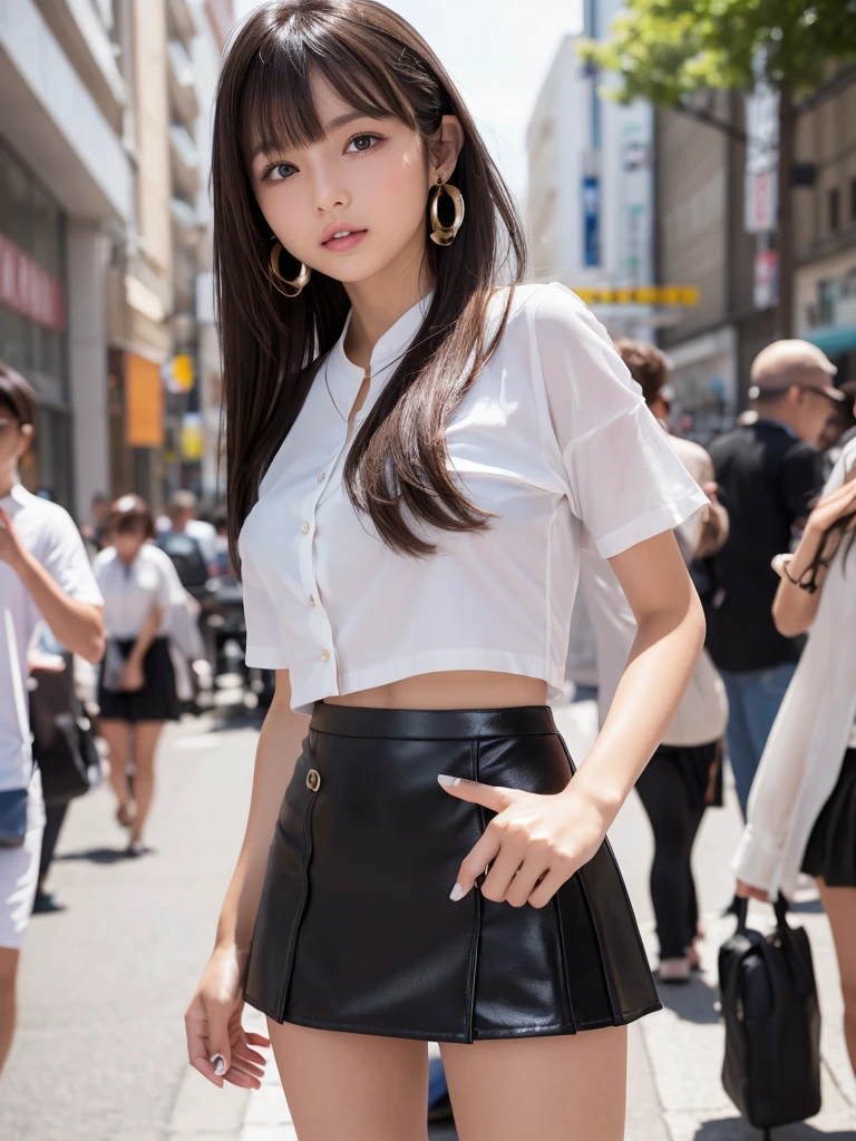 Product quality,1 girl,Cowboy Shot,Front view,Young and Japanese girls,20-year-old,In town(Crowded street:1.4),Fashionable white shirt,wear,Fashionable bags,Fashionable necklaces,Fashionable earrings,((Black Very Short Micro Mini Skirt:1.5)),wear,Strong winds,Skirt fliping Panties,ute face,Glossy Lips,Double eyelids on both eyes,(Natural Makeup),Sticking out tongue,Strong wind from the front,shiny smooth light brown hair with long hair,,Asymmetrical bangs,Center image,8k resolution,Attention to detail,Detailed hairstyle,Detailed face,Cinema Lighting,Octane Rendering,Ultra-realistic,Perfect limbs,(Detailed fingers:1.5),Beautiful feet,Voluptuous thighs,Huge breasts,Perfecty,She is standing,(Model pose:1.3)