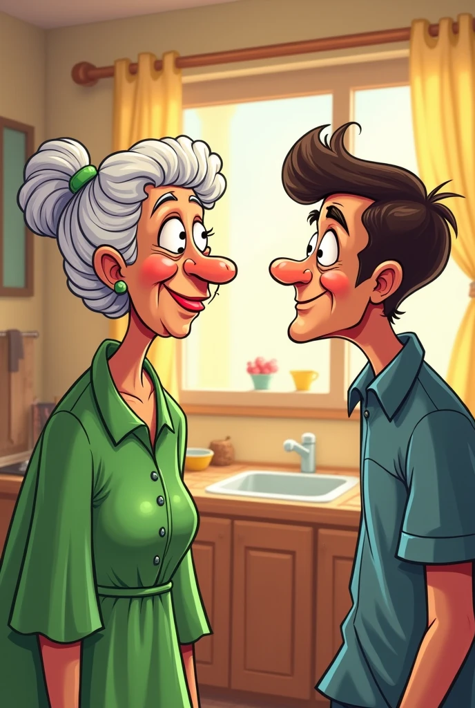 Cartoon of a granny in a green dress looking lustfully with loving eyes at a man