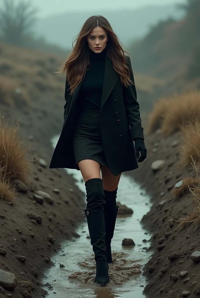 Woman walking through mud in black suede knee-high boots and stockings