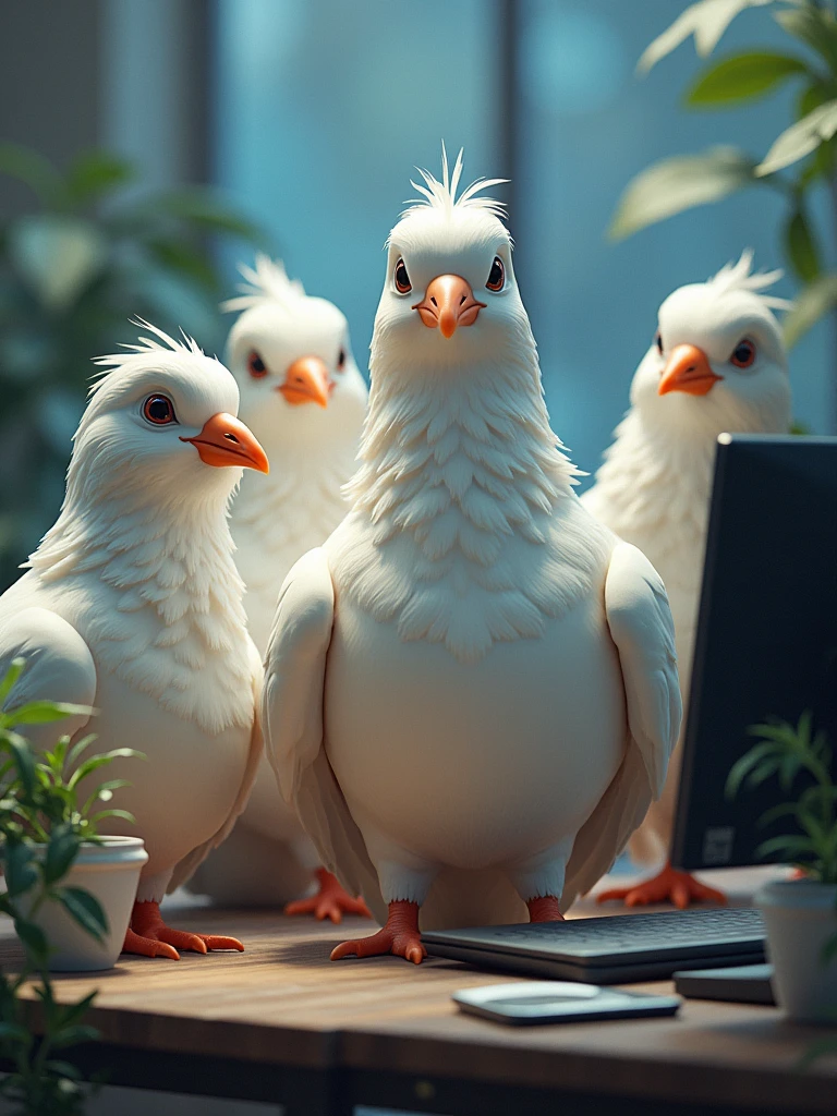 five doves as web developers, one has a big chest and skiny body, one has nice beard, fat body, and friendly face, one has a numb face, one has a fat body no beard and act as the other's leader, and the last is a rich girl