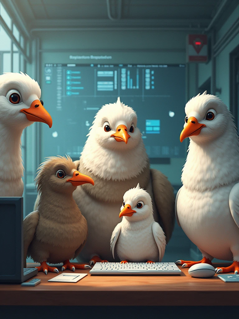 five doves as web developers, one has a big chest and skiny body, one has nice beard, fat body, and friendly face, one has a numb face, one has a fat body no beard and act as the other's leader, and the last is a rich girl