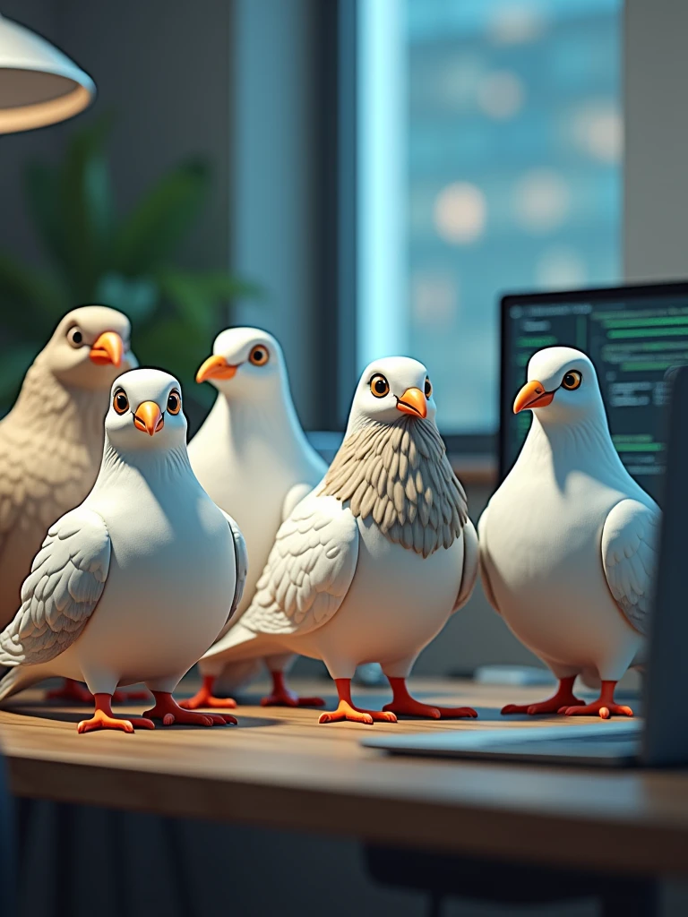 five doves as web developers, one has a big chest and skiny body, one has nice beard, fat body, and friendly face, one has a numb face, one has a fat body no beard and act as the other's leader, and the last is a rich girl