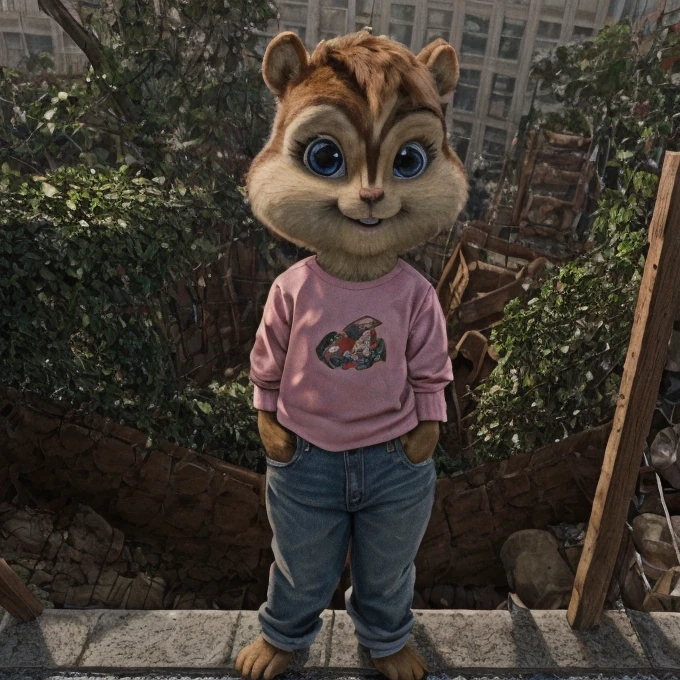 score_9, score_8_up, score_7, score_6, detailed background, brittany miller, chipmunk, furry, short ears, black leather jacket, jeans, light pink shirt, looking at viewer , 6 inches tall,