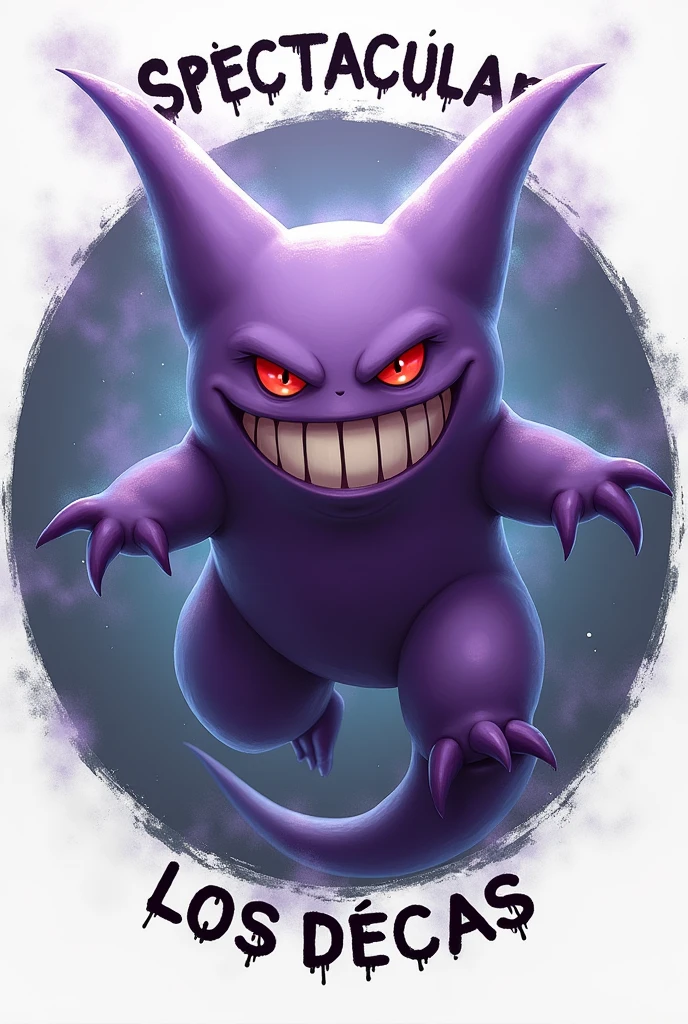 I create the full-body gengar pokemon in a circle and that it says SPECTACULAR above and LOS DECAS below.