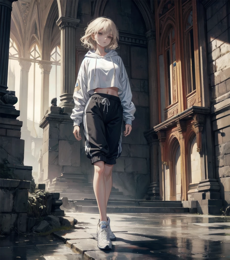 absurdres, RAW photo, extremely delicate and beautiful, masterpiece, Best Quality, ultra high resolution, 32k, hyper realistic, ultra-detailed, Very detailed CG 8k wallpaper, detailed background, landscape, Beautiful Lighting, Perfect Lightning, Realistic Shadows, perfect anatomy, anatomically correct, ideal ratio body proportions, perfect figure, Perfect Style, Perfect balance, super Detailed skin, in her 30s, very Slim body, narrow waist, very small head, very small face, delicate facial features, handsome detailed woman, very detailed eyes and face, realistic face proportions, Realistic beautiful face, Realistic beautiful eyes, tearful mole, earring, whole body shot, very huge round tits, medium short hair, asymmetrical hair, wavy hair, tracksuit shorts, Lightweight hoodie, crop top,